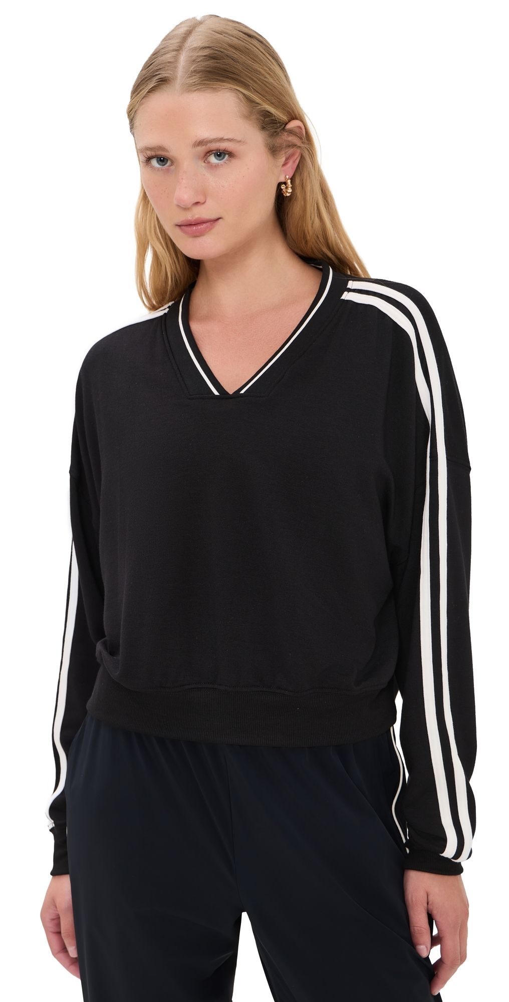 Splits59 Ellie Fleece V Neck Sweatshirt Black/White S
