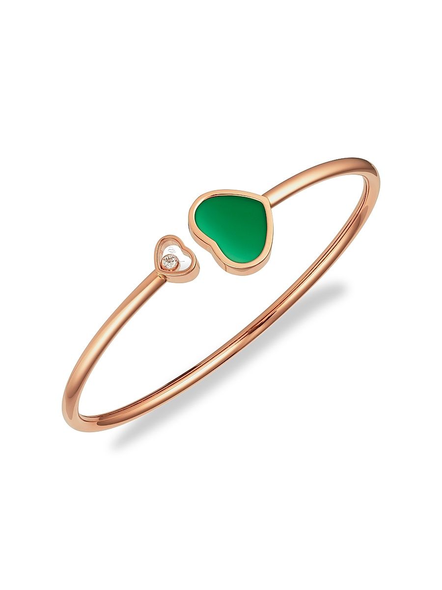 Women's Happy Hearts 18K Rose Gold, Diamond & Green Agate Bangle - Rose Gold - Size Medium