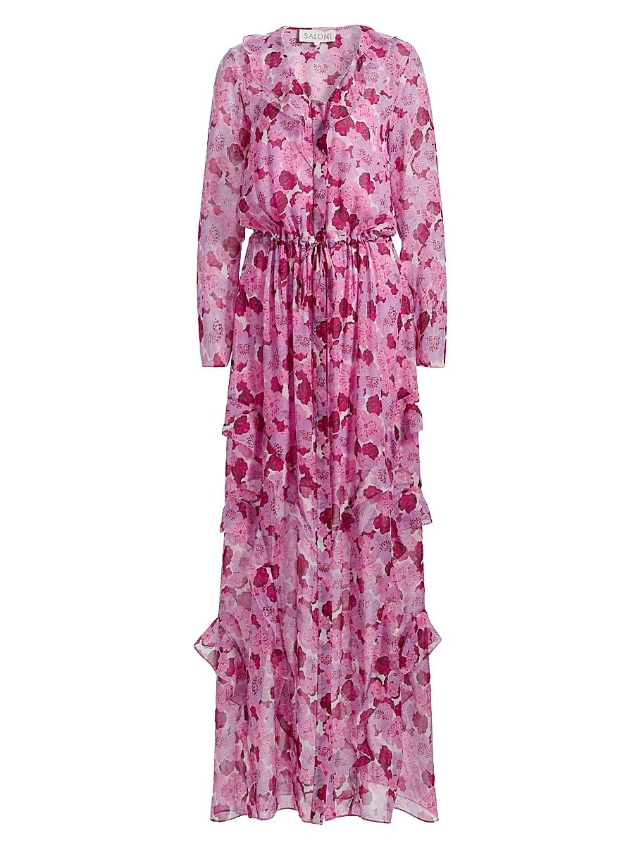 Women's Izzie Floral Silk-Blend Ruffled Maxi Dress - Windflower Rose - Size 0