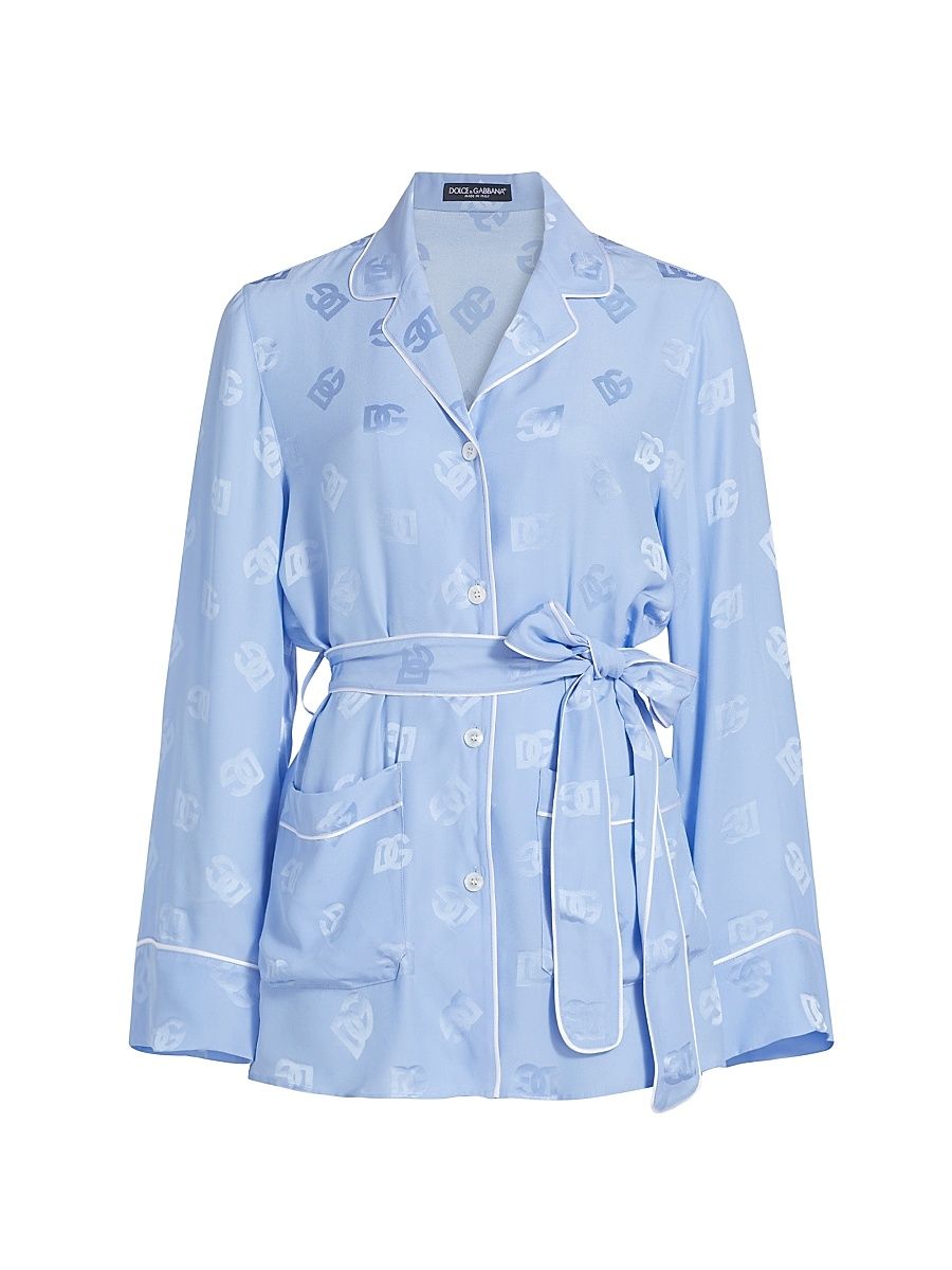 Women's Silk Satin Jacquard DG Logo Pajama Shirt - Very Light Lilac - Size 8