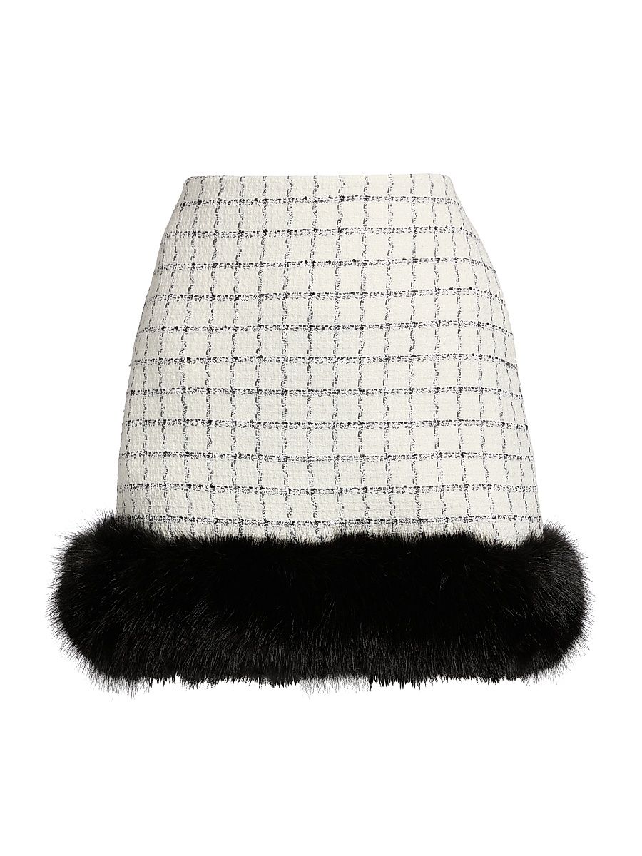 Women's Check Boucle Faux Fur Hem Miniskirt - Cream - Size 12