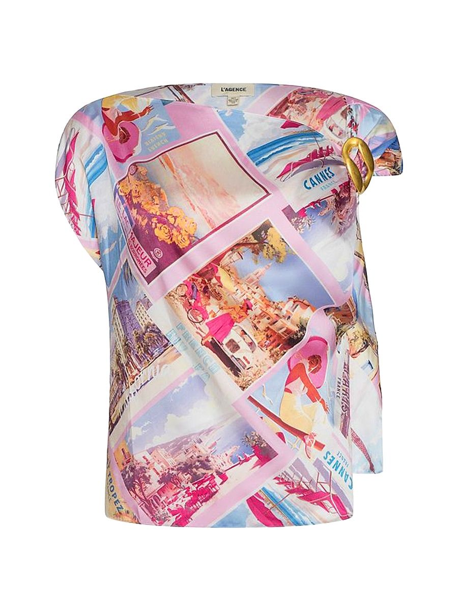 Women's Driselle Printed Asymmetric Scarf Top - Light Pink Postcard Print - Size XL