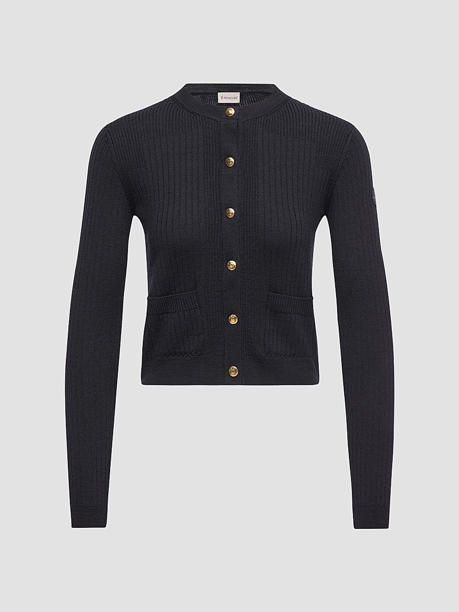 Women's Cardigan in Wool Blend with Logo in Leather - Dark Blue - Size XL