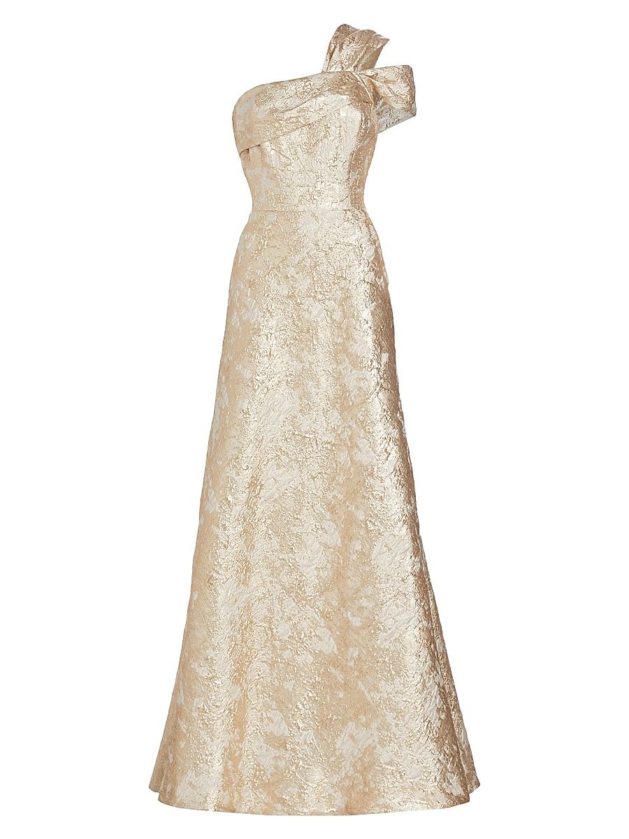 Women's Metallic Jacquard One-Shoulder Gown - Ivory Gold - Size 18