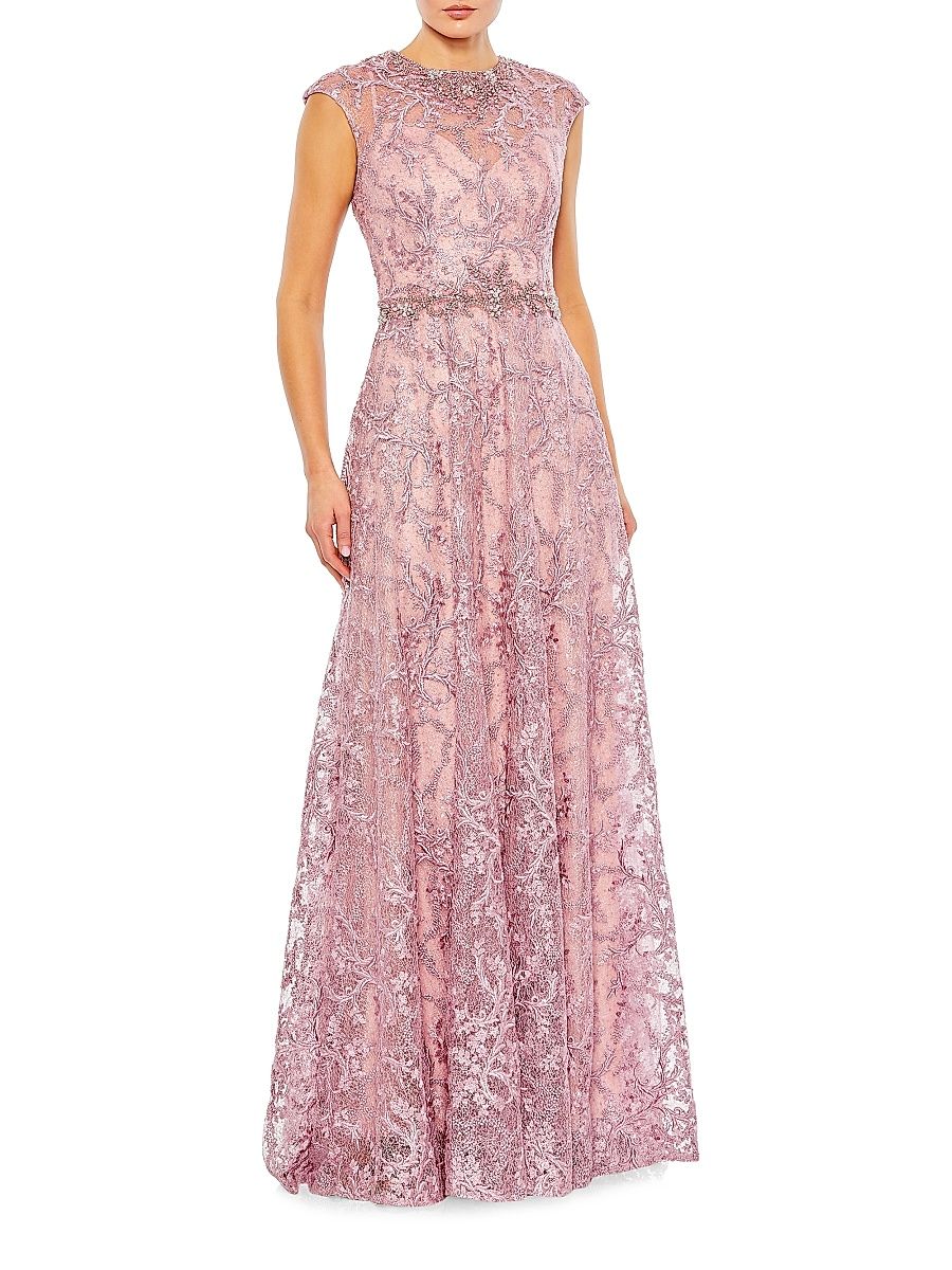 Women's Embroidered Illusion Cap-Sleeve Gown - Rose - Size 14