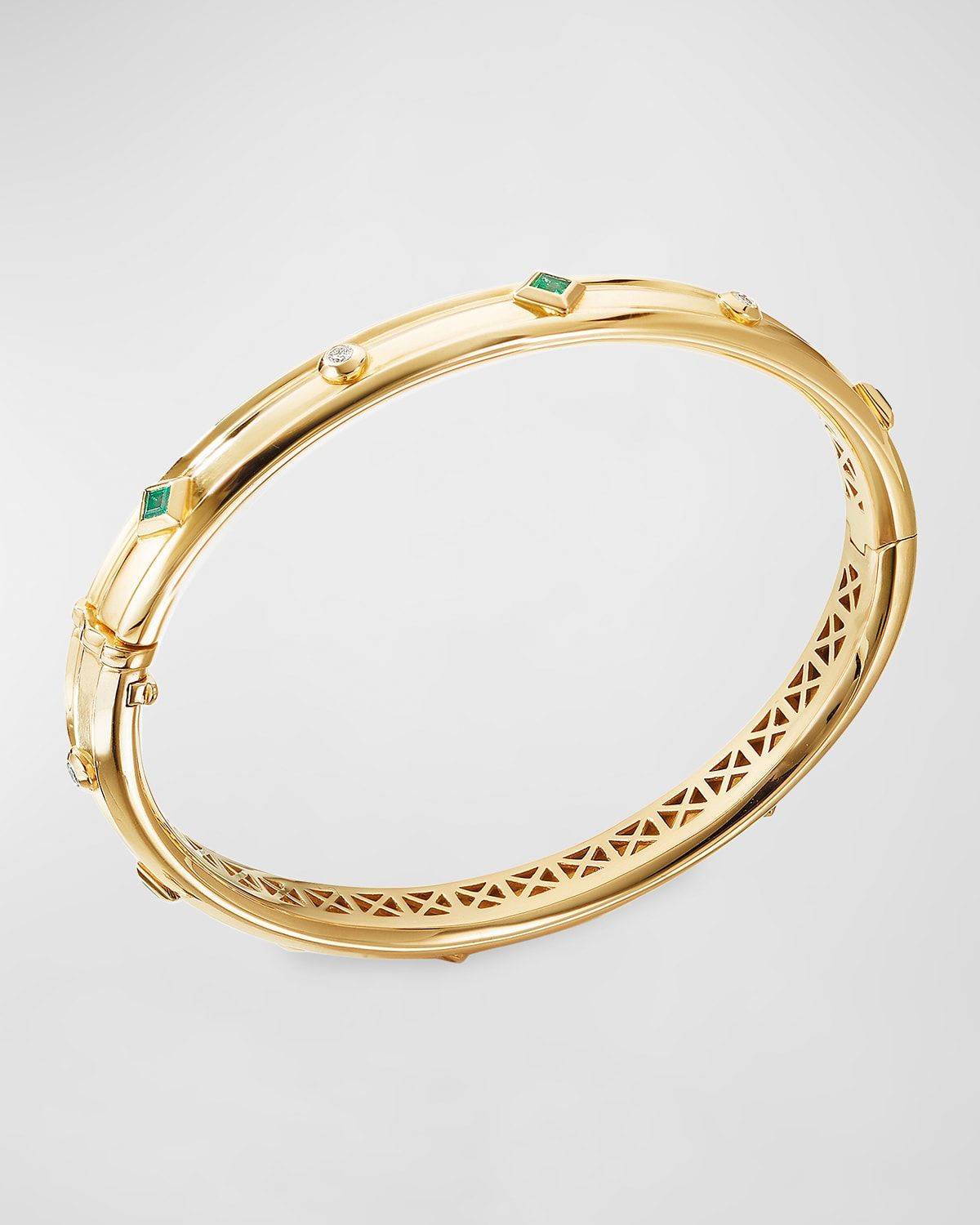 Modern Renaissance Bangle Bracelet with Emeralds and Diamonds in 18K Gold, 7mm