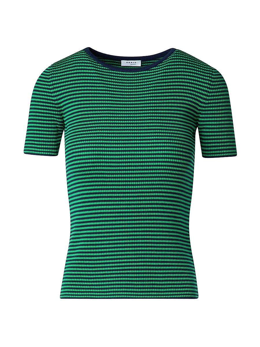 Women's Striped Rib-Knit T-Shirt - Navy Sea Green - Size 10