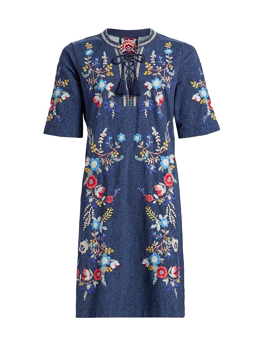 Women's Floral-Embroidered Cotton Lace-Up Minidress - Elowen Denim - Size XL