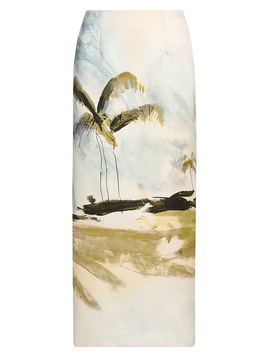 Women's Palm Tree-Print Satin Pencil Midi-Skirt - Blue Green Multi - Size 14