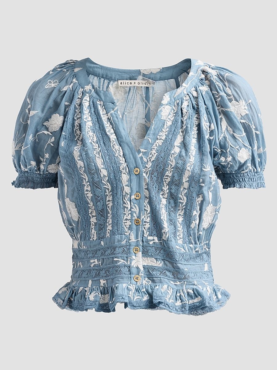 Women's Kathryn Lace-Trim Embroidered Blouse - Deep Denim Blue Vanilla - Size XL