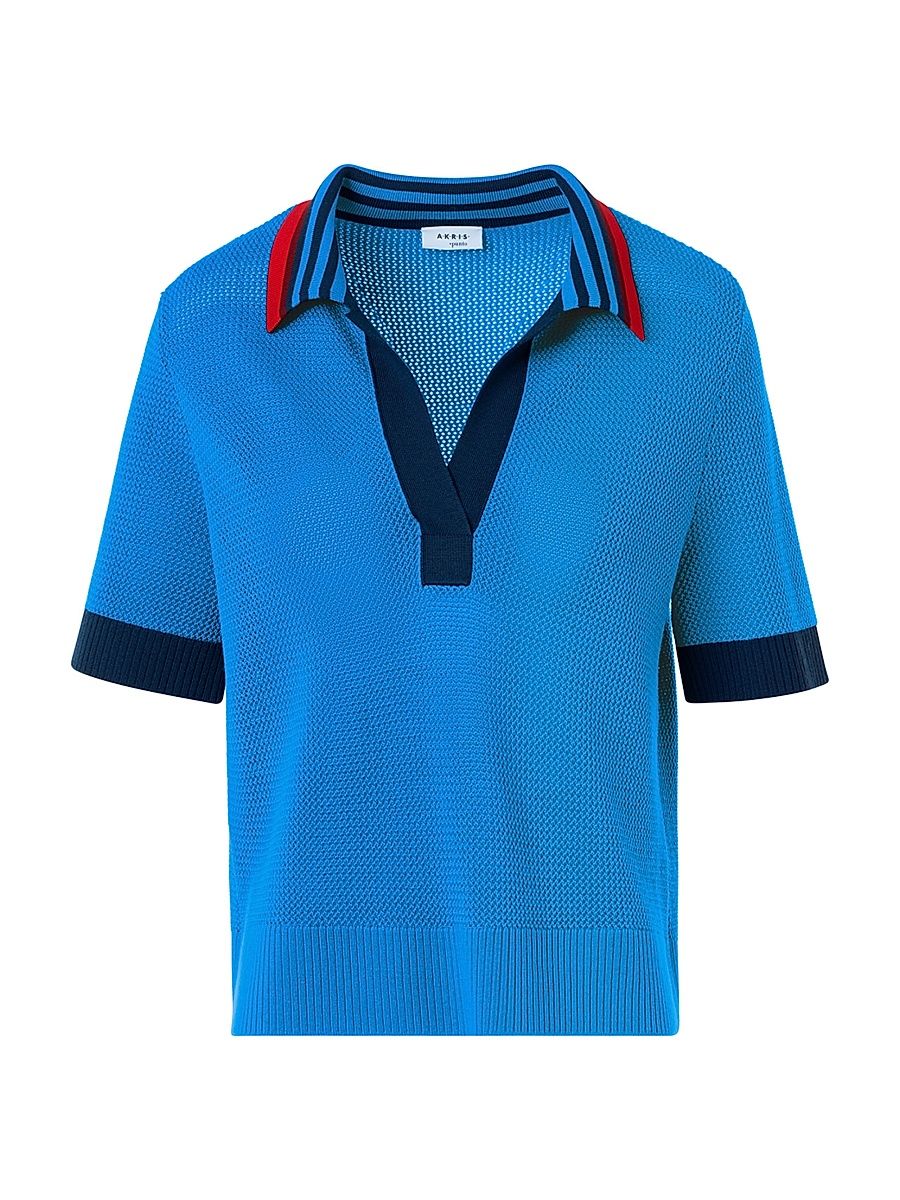 Women's Tipped Wool Polo Top - Cobalt Blue Multi - Size 16