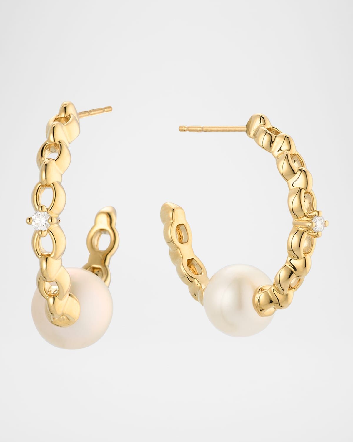 14K Yellow Gold Diamond and 8mm Freshwater Pearl Hoop Earrings
