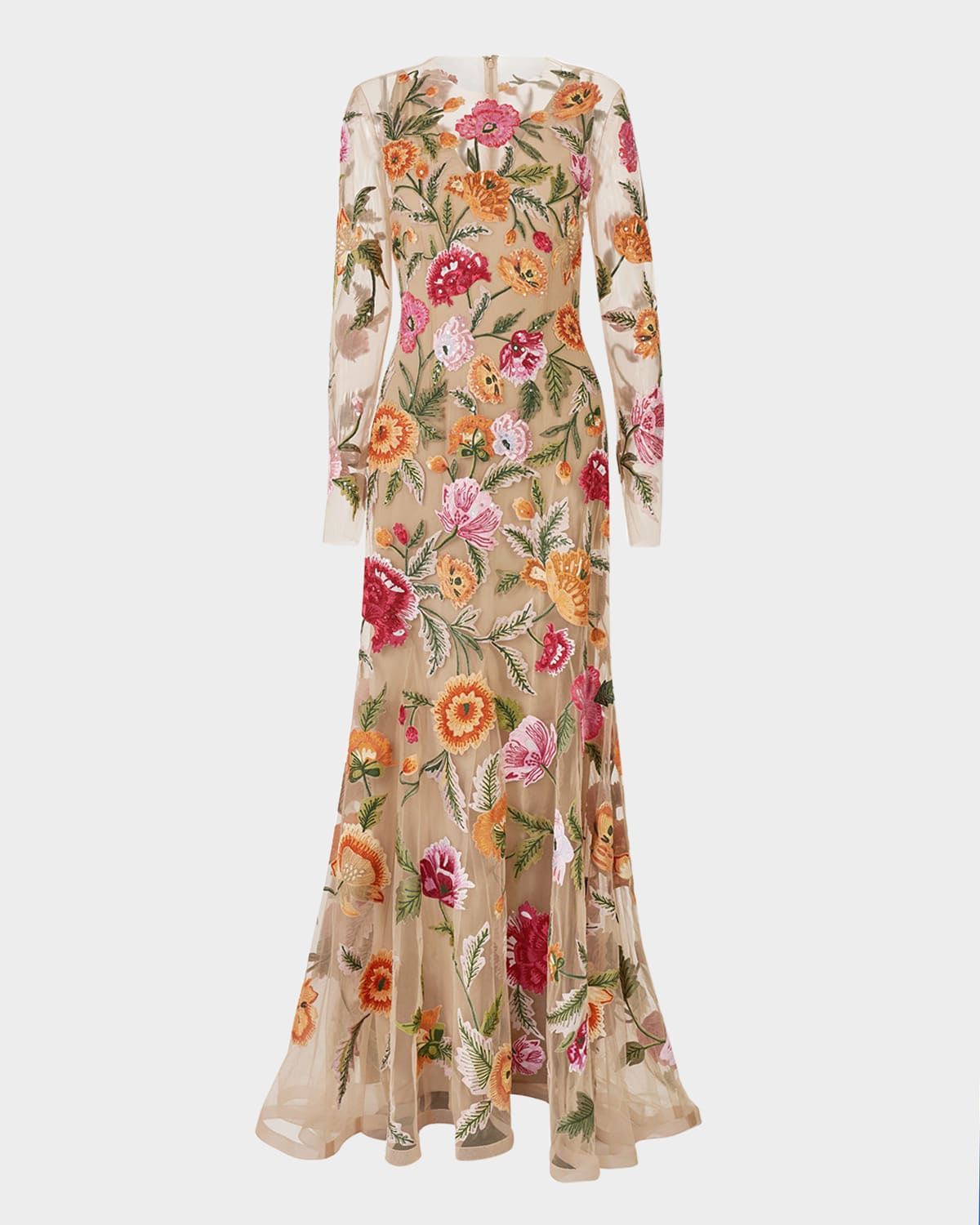Crystal Floral Embroidered Long-Sleeve Trumpet Gown
