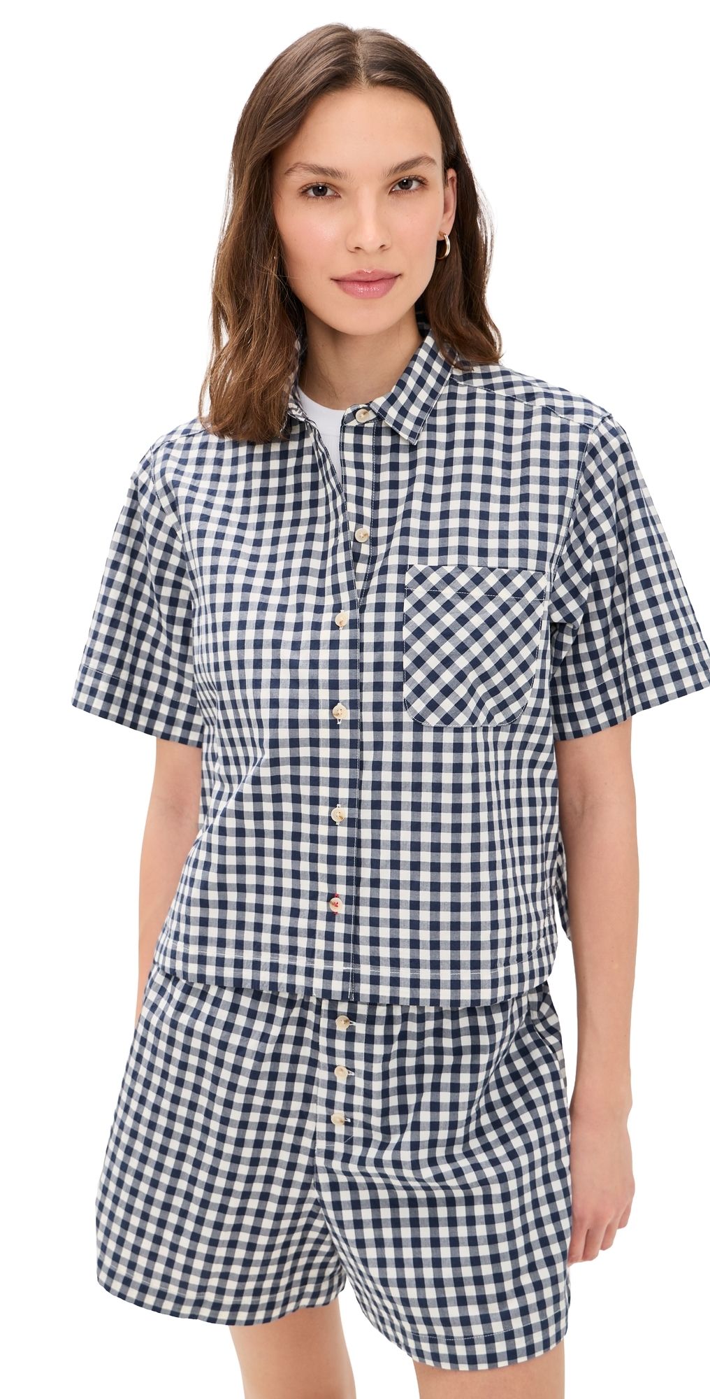 Marine Layer Jordie Poplin Shirt Navy/White Gingham L