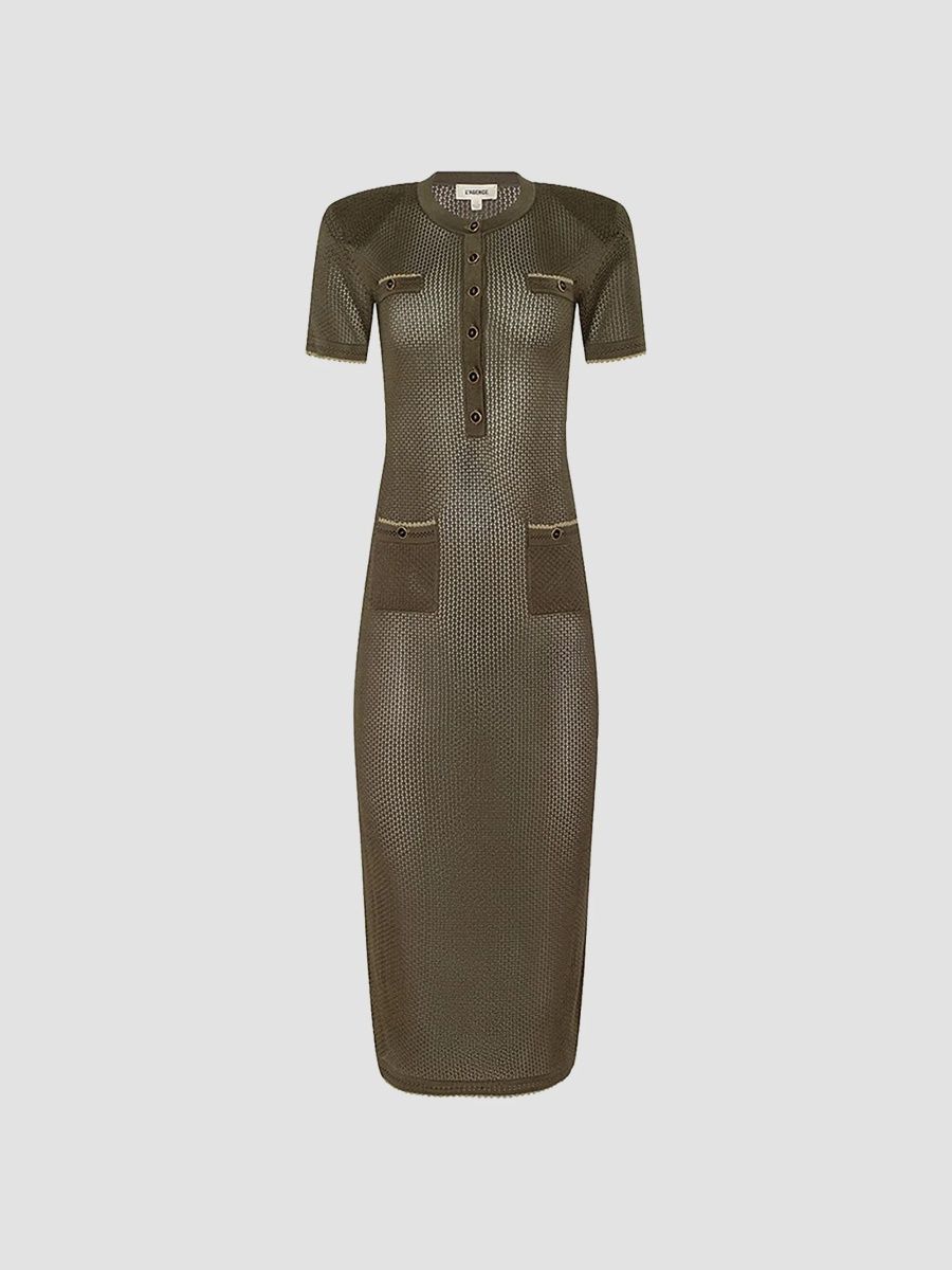 L'AGENCE Women's Mel Short-Sleeve Open-Knit Midi Dress - Smokey Olive - Size XS