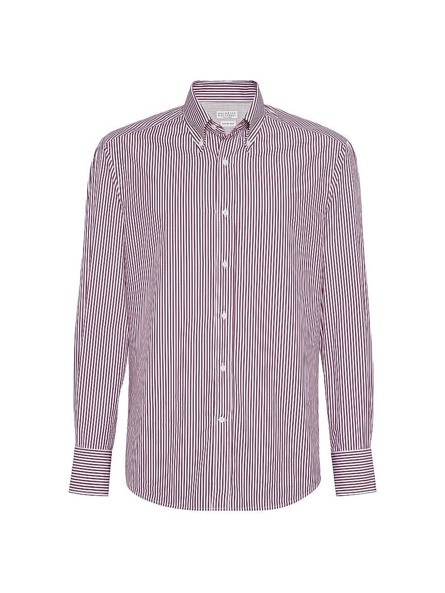 Men's Striped Poplin Slim Fit Shirt with Button Down Collar - Light Red - Size XXXL