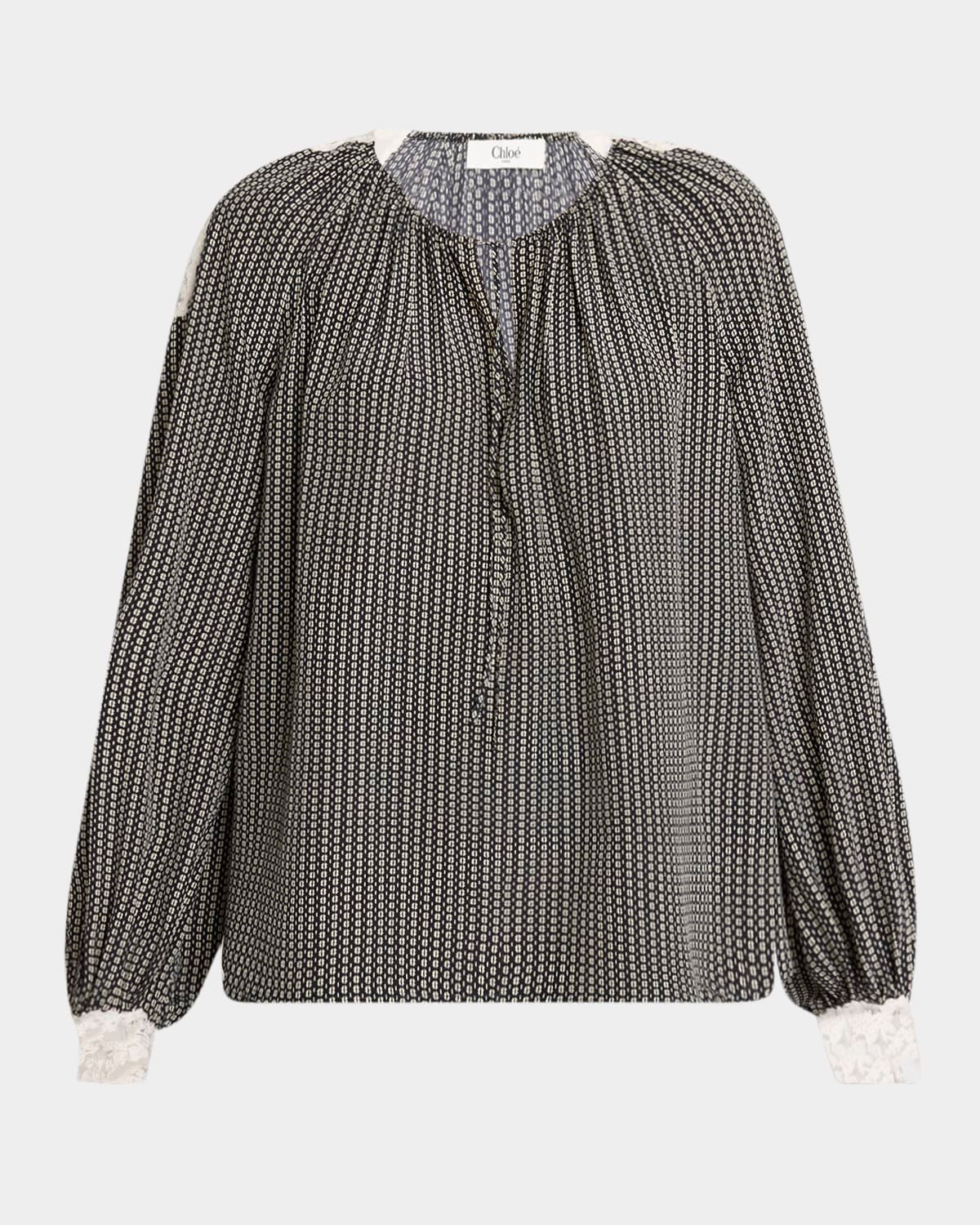 Micro Check Silk Long-Sleeve Blouse