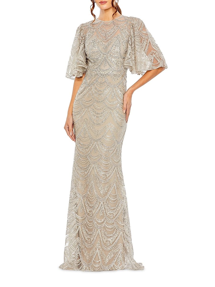 Women's Embroidered Lace Gown - Taupe - Size 16