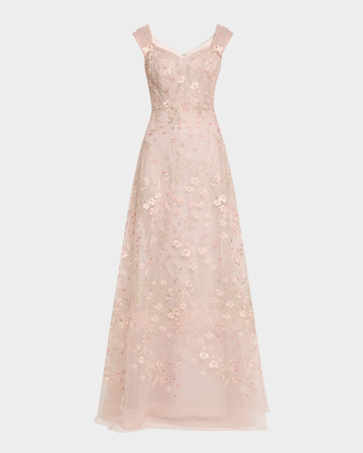 Floral-Embroidered Tulle Gown
