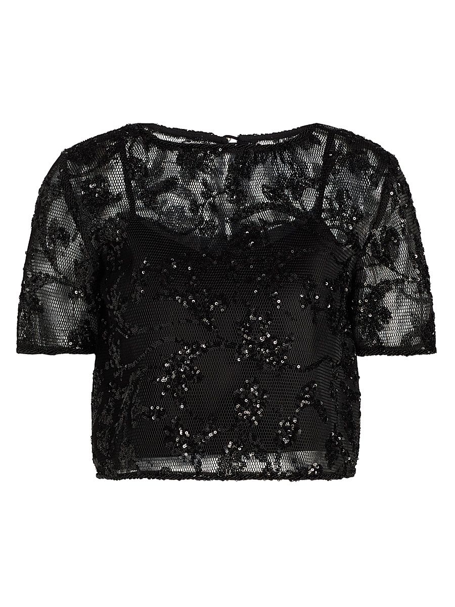 Women's Kana Sequined Floral Lace Top - Black - Size 2