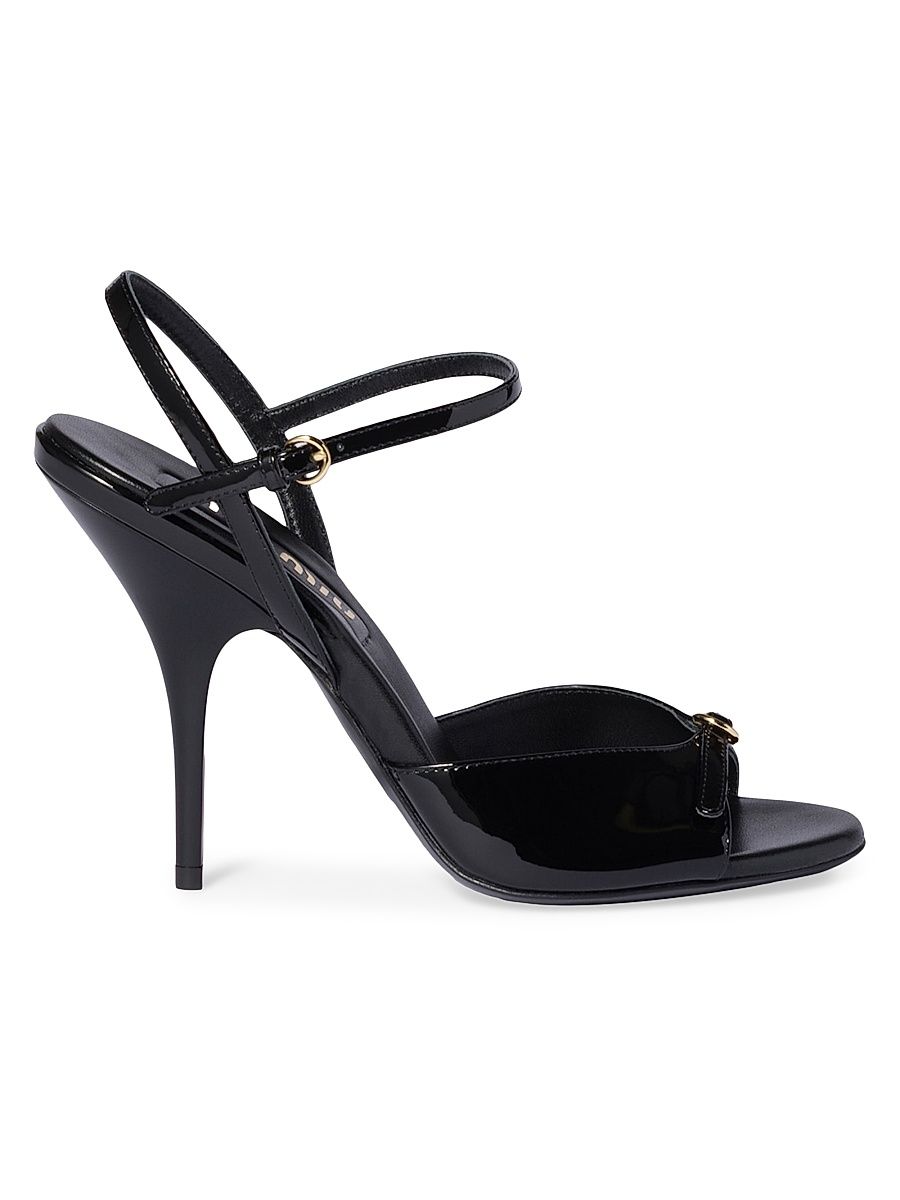 Women's Patent Leather Sandals with Buckles - Black - Size 10