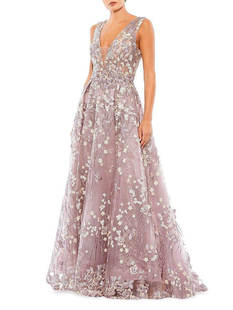 Women's Floral Embroidered V-Neck Gown - Lilac - Size 10