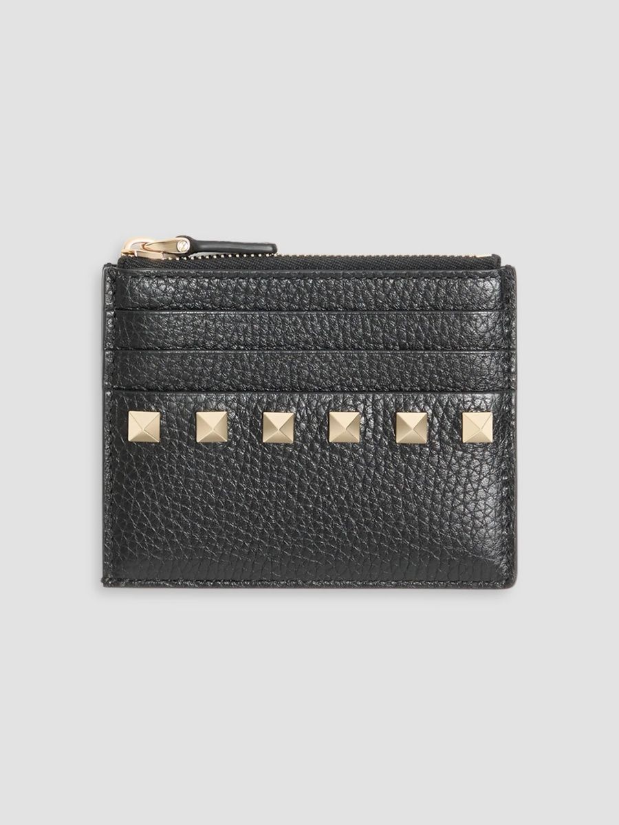 Valentino Women's Rockstud Cardholder with Zipper in Grainy Calfskin - Black