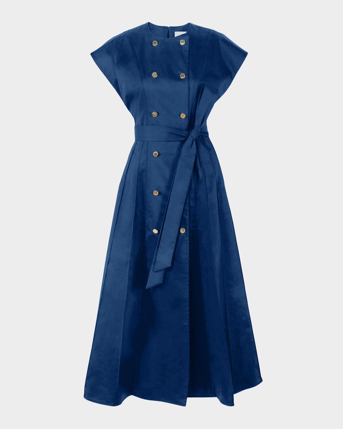 Double-Breasted Cap-Sleeve Belted Midi Dress