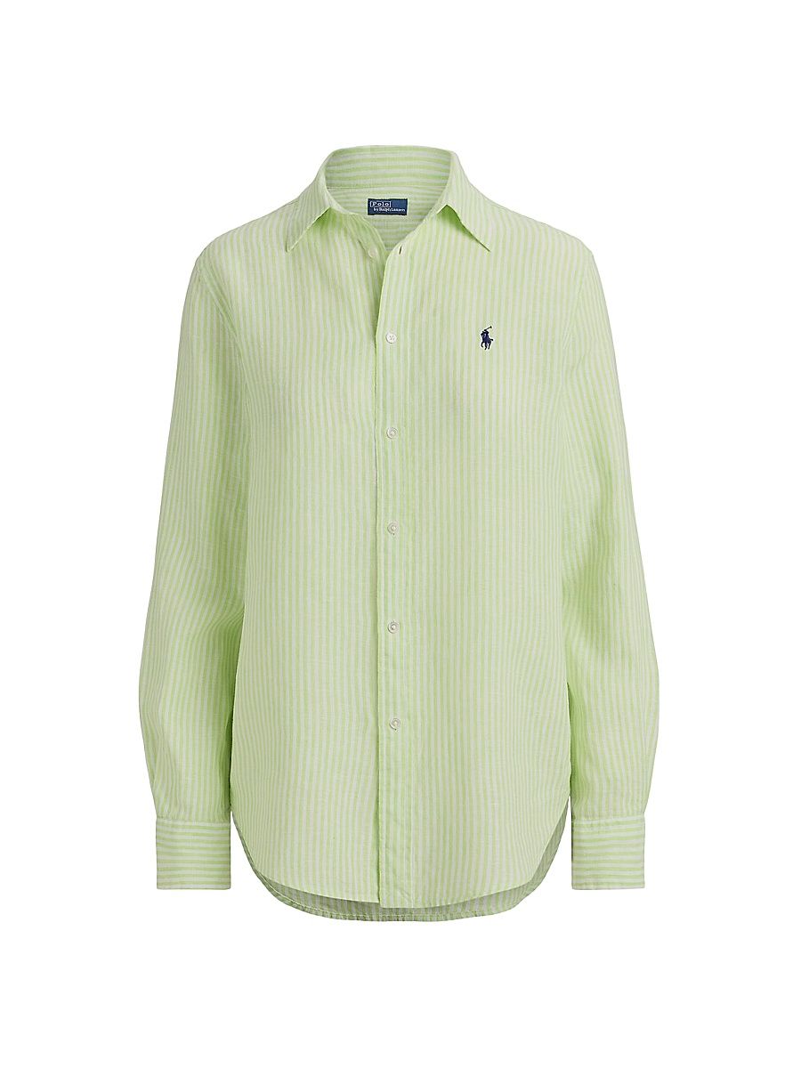 Women's Pony-Embroidered Striped Classic-Fit Shirt - Electric Lime White - Size Large