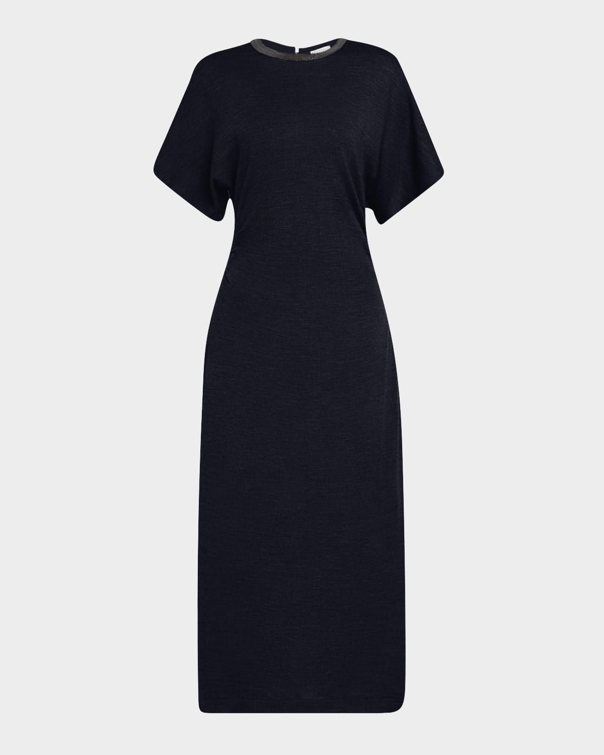 Monili-Neck Short-Sleeve Gathered Wool Jersey Midi T-Shirt Dress