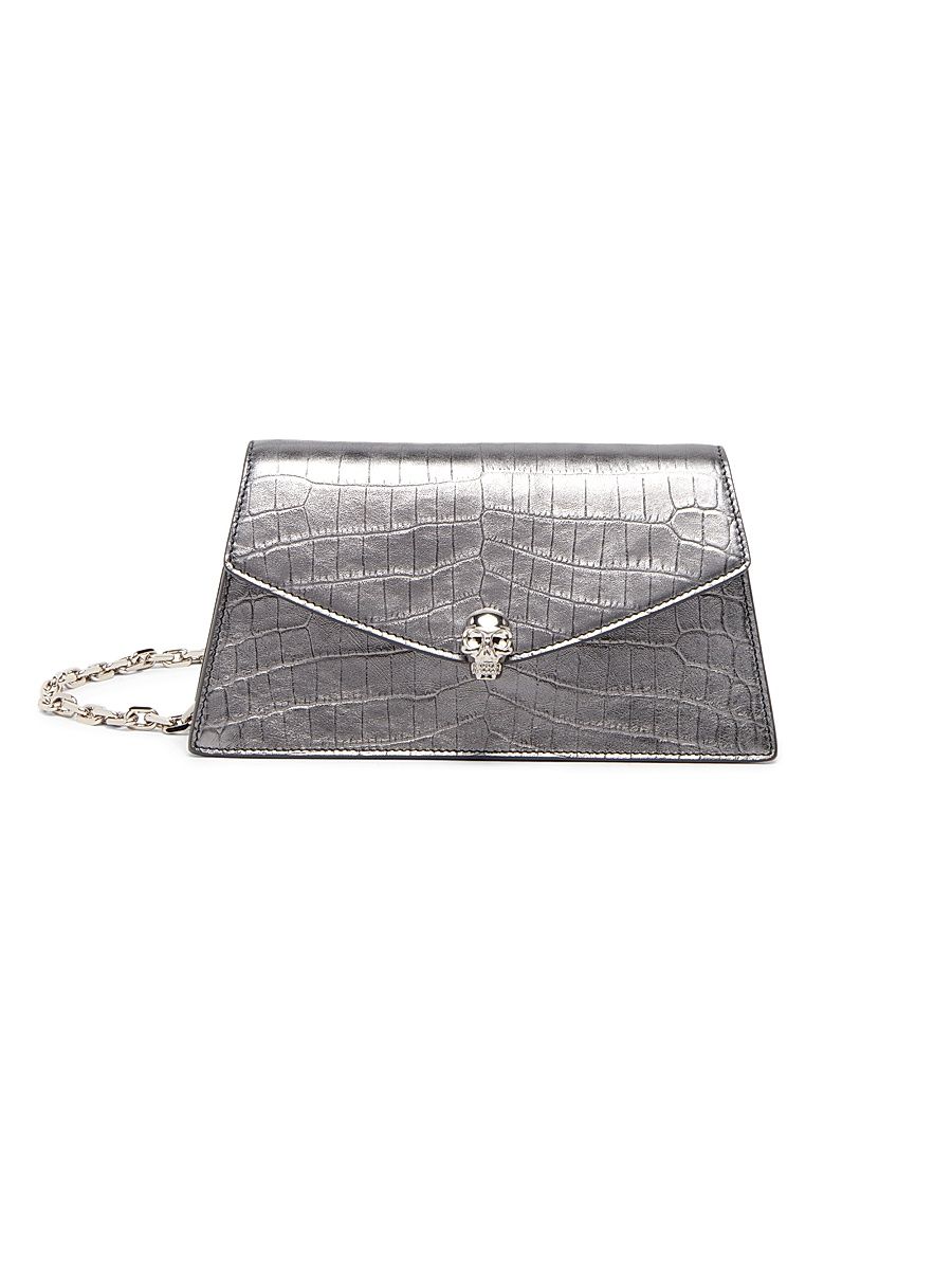 Women's Skull Mini Crocodile-Embossed Metallic Leather Shoulder Bag - Cloud