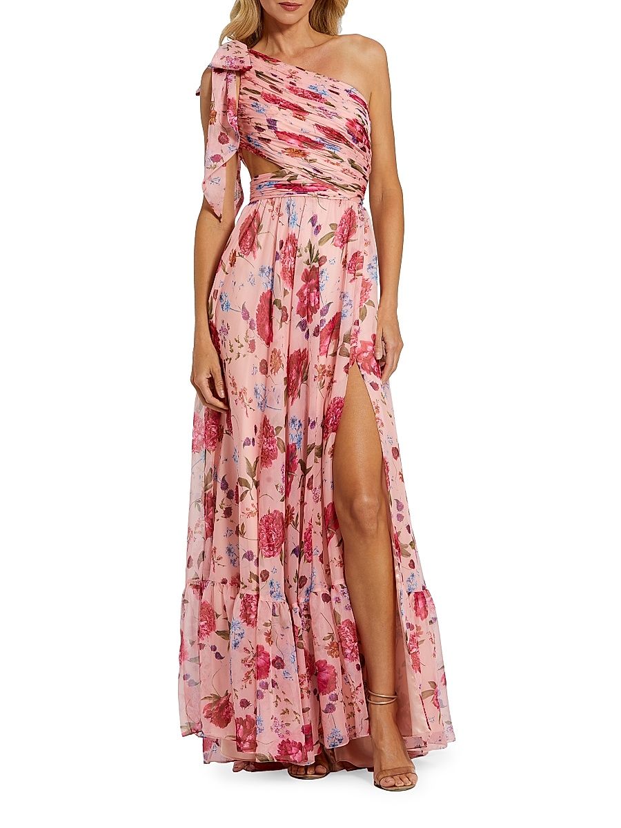 Women's Floral Chiffon Cut-Out One-Shoulder Gown - Blush Multi - Size 12