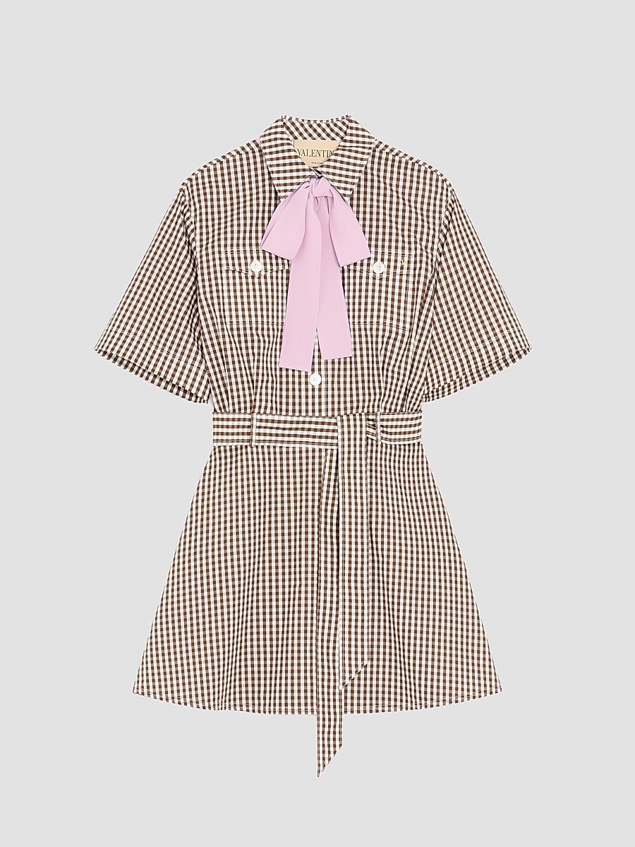 Women's Short Dress in Vichy Cotton - Chocolate Ivory - Size 8