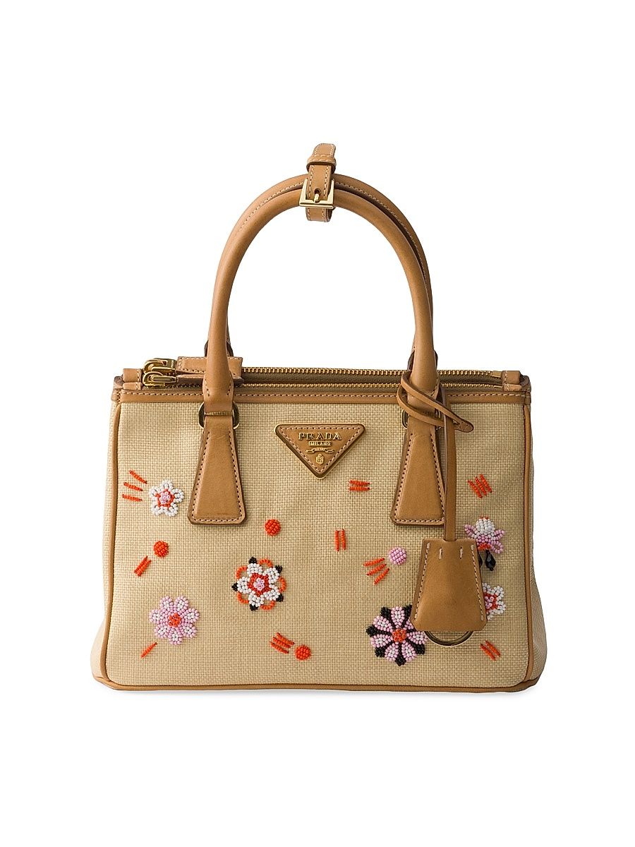 Women's Galleria Small Canvas and Leather Embroidered Top Handle Bag - Beige Khaki