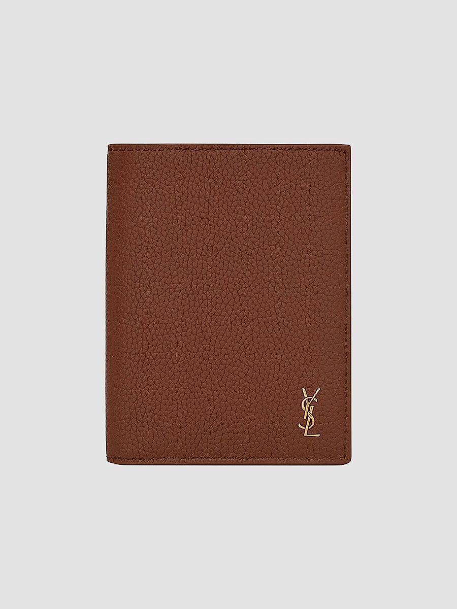 Saint Laurent Men's Tiny Cassandre Credit Card Wallet in Grained Leather - Toasted Brown