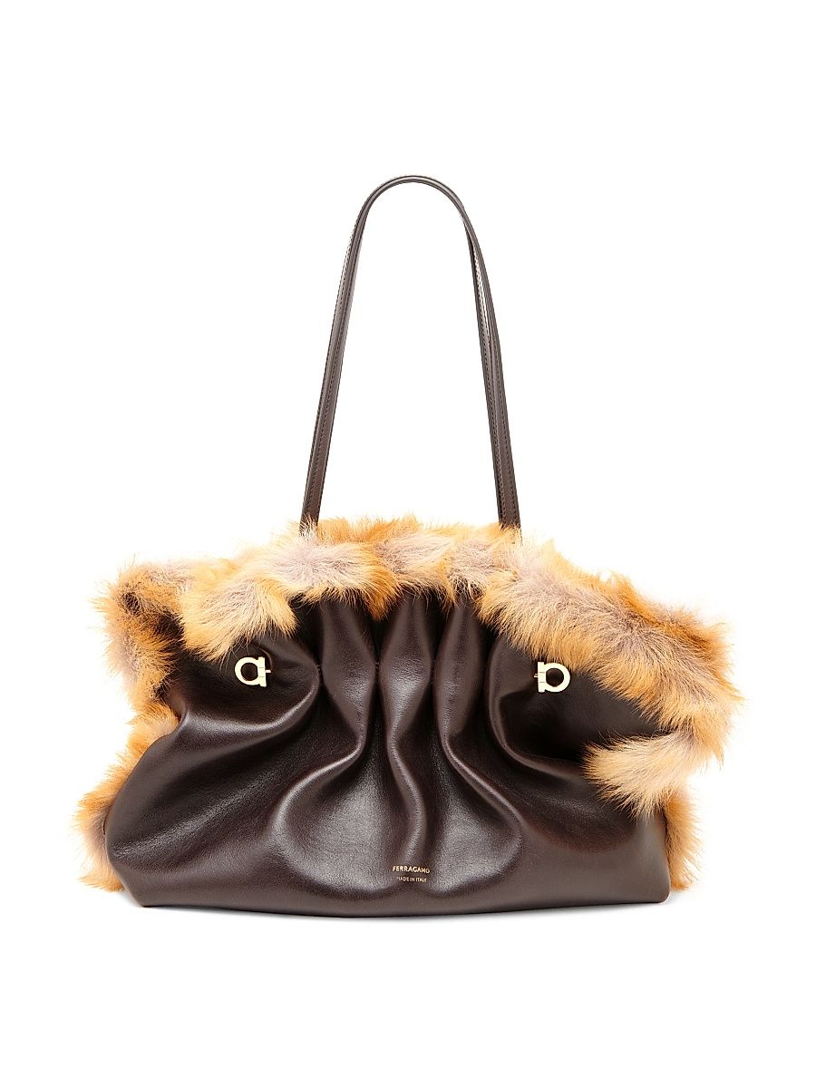 Women's Medium Soft Leather & Shearling Tote Bag - Testa Di Moro Al Campione
