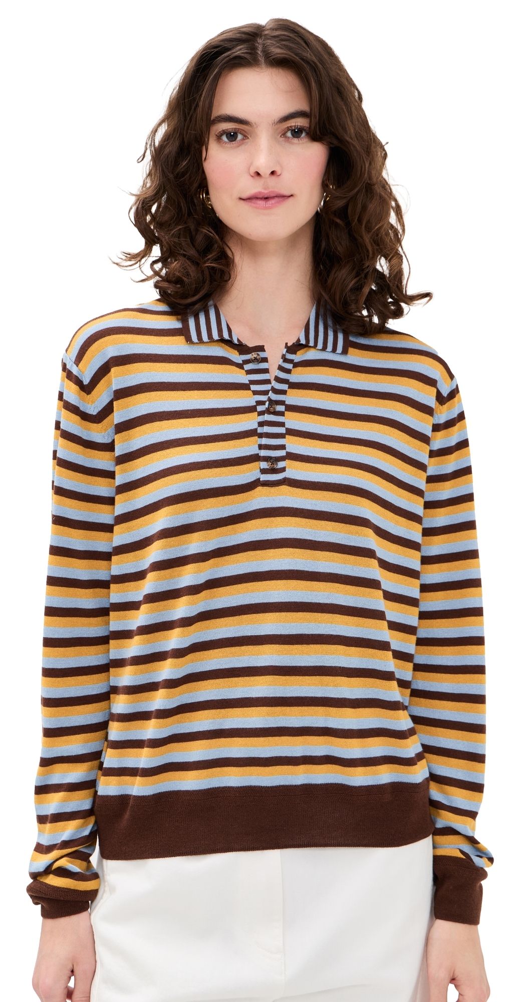 La Ligne Multi Stripe Ben Polo Sweater Chocolate/Mustard/Light Blue XS