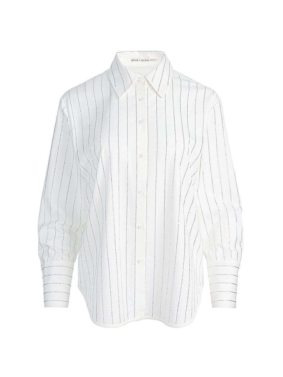 Women's Rhinestone Pinstriped Oversized Button-Front Shirt - Off White Clear Crystal - Size XL