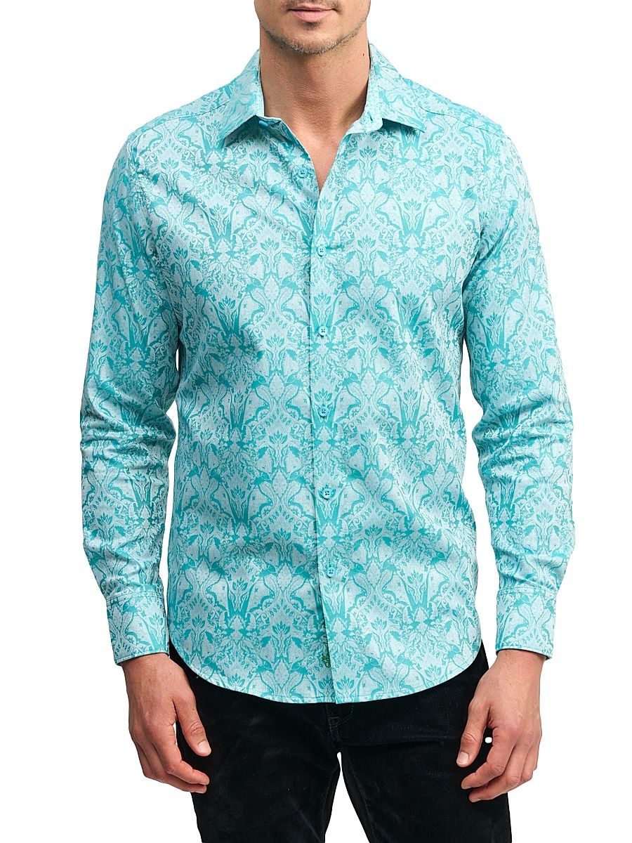 Men's Highland Printed Button-Front Shirt - Turquoise - Size Large