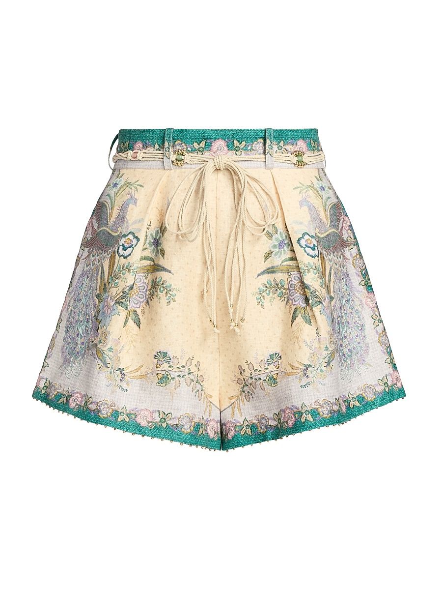Women's Indra Peacock Linen Tuck Shorts - Cream Scarf Floral - Size 8
