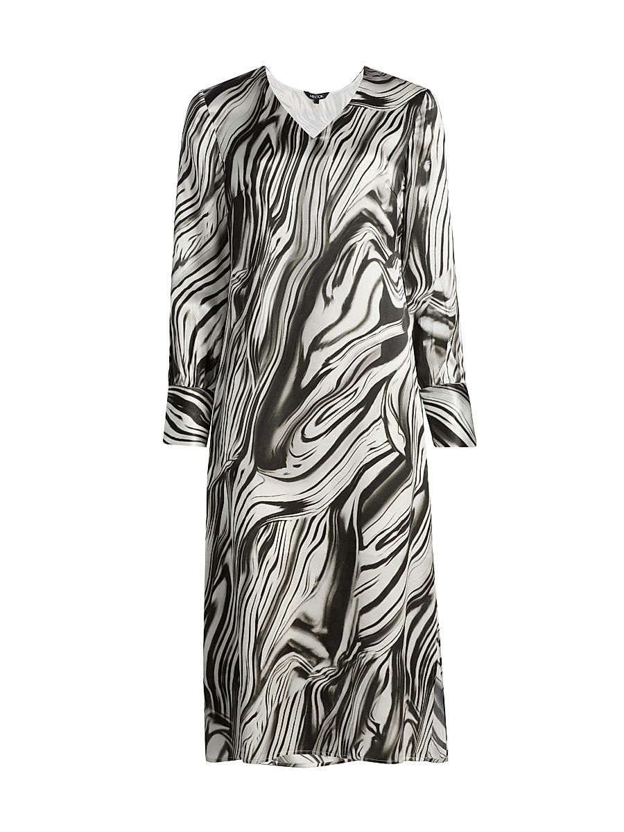 Women's Printed Silk Midi-Dress - Black White - Size XXL