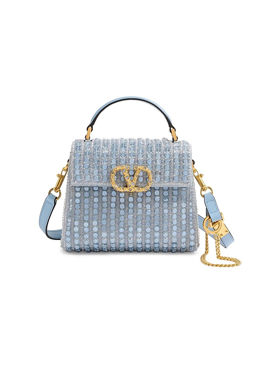 Women's V-Sling Mini Embroidered Top Handle Handbag with Jewel Logo - Sapphire Baby Blue