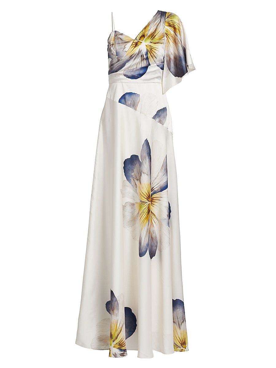 Women's Floral Asymmetric One-Flutter-Sleeve Gown - Ivory Multi - Size 16