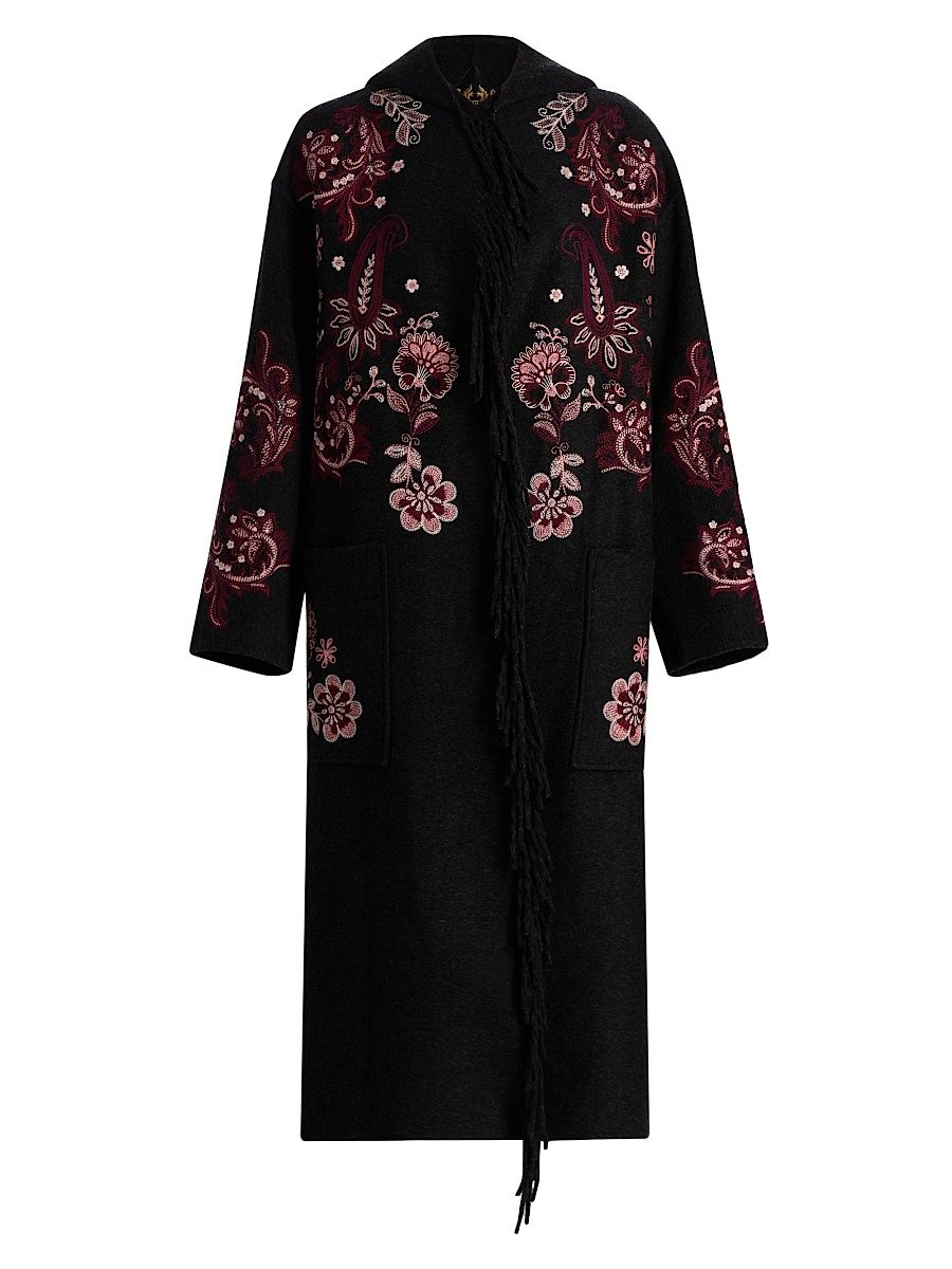 Women's Chelli Floral-Embroidered Wool-Blend Fringe Coat - Charcoal - Size Large