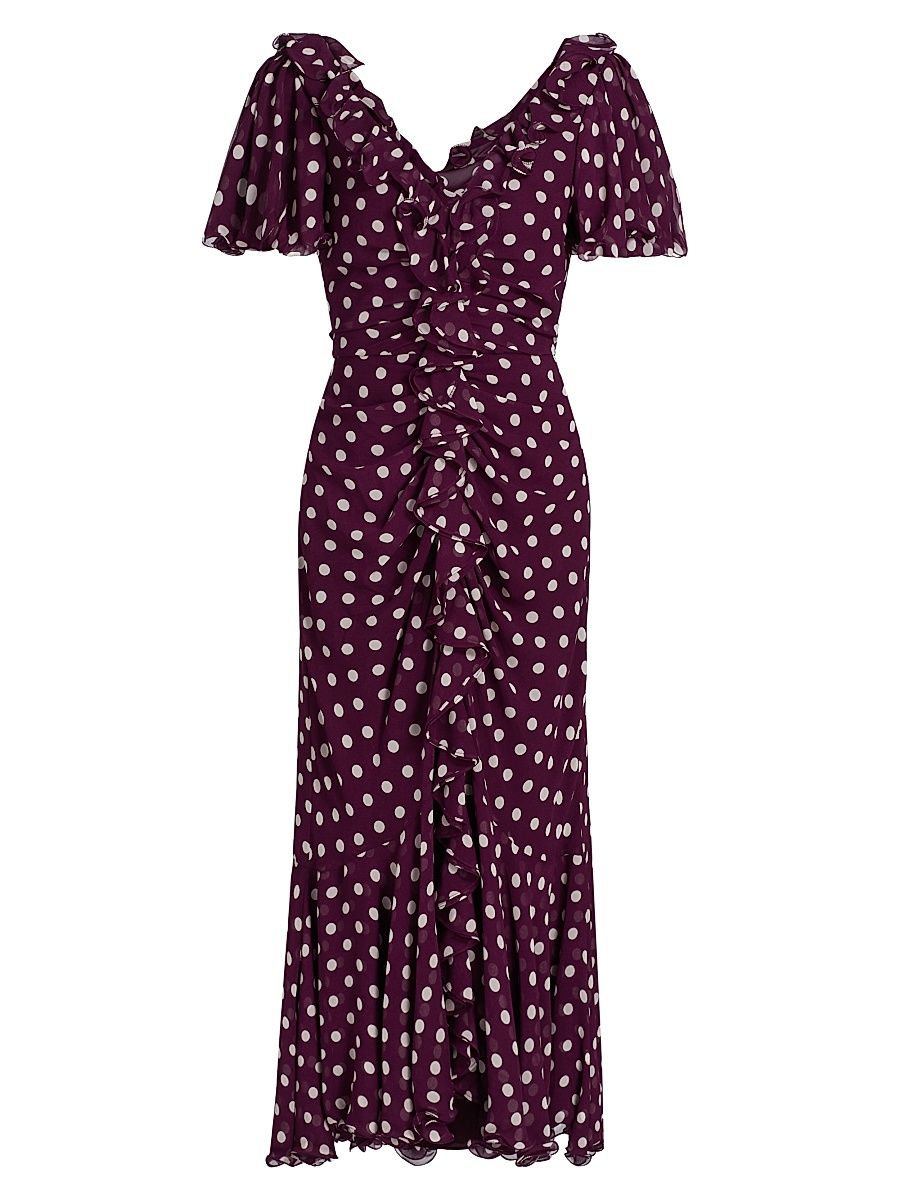 Women's Lyra Polka Dot Ruffled Midi-Dress - Deep Plum Multi - Size 14
