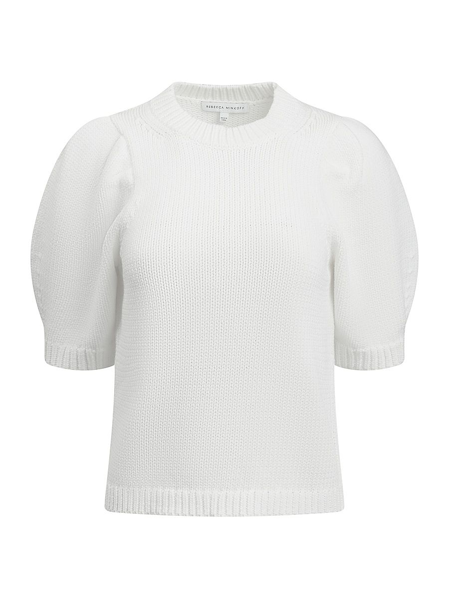 Women's Celeste Cotton-Blend Puff Sleeve Sweater - Bright White - Size XL