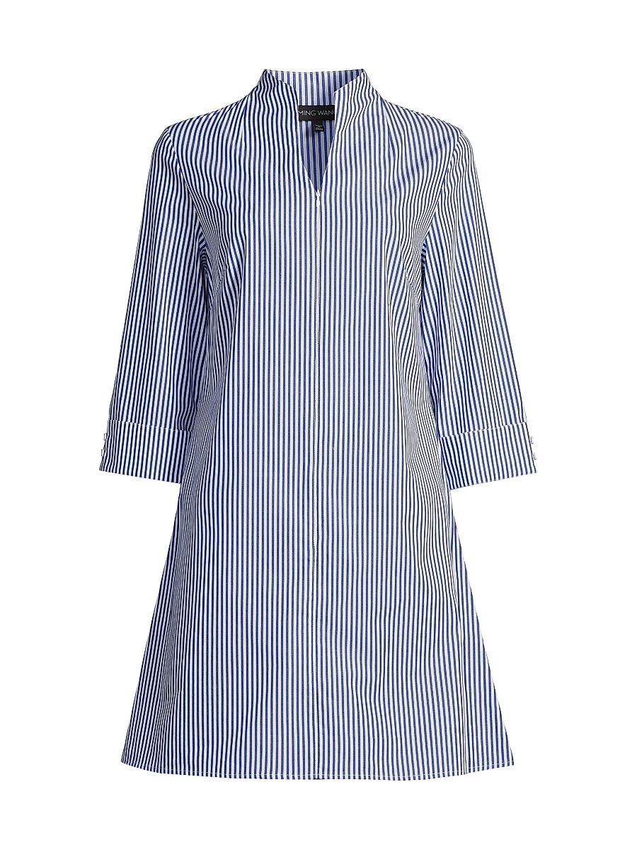 Women's Zip-Front Stretch Cotton Shirtdress - Sapphire Sea White - Size XL