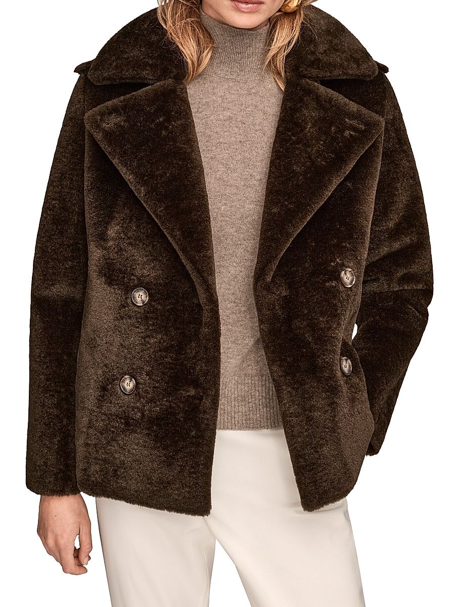 Women's Faux-Fur Double-Breasted Coat - Chocolate - Size Medium