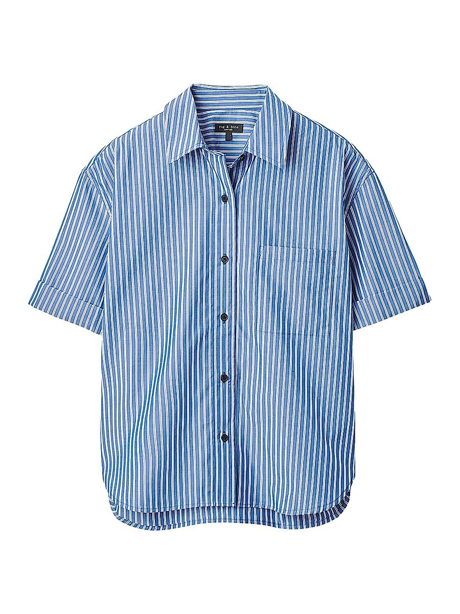 Women's Connie Striped Cotton Button-Front Shirt - Blue Stripe - Size Medium