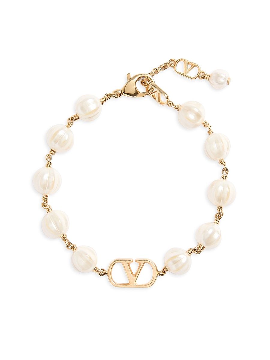 Women's VLogo Signature Bracelet in Metal with Glass Beads - Gold Cream - Size Medium